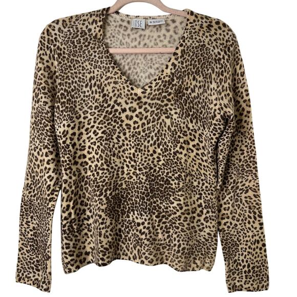Sm TSE 100% Cashmere Leopard Print V-Neck Sweater Brown Mob Wife Quiet Luxury - Picture 1 of 4